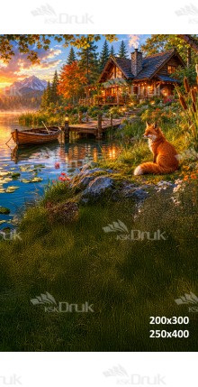 Tło fotograficzne „Leśna chatka nad jeziorem z liskiem” | J_274